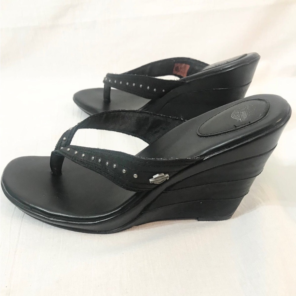 Harley-Davidson Black Thong Wedge 4” Heels Size 8.5